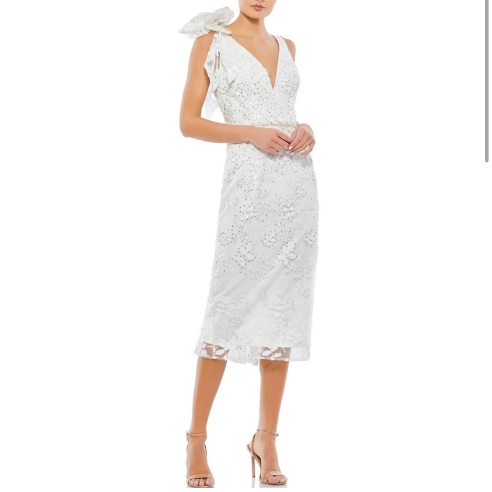 Mac Duggal White One-Shoulder Embellished Midi Dress